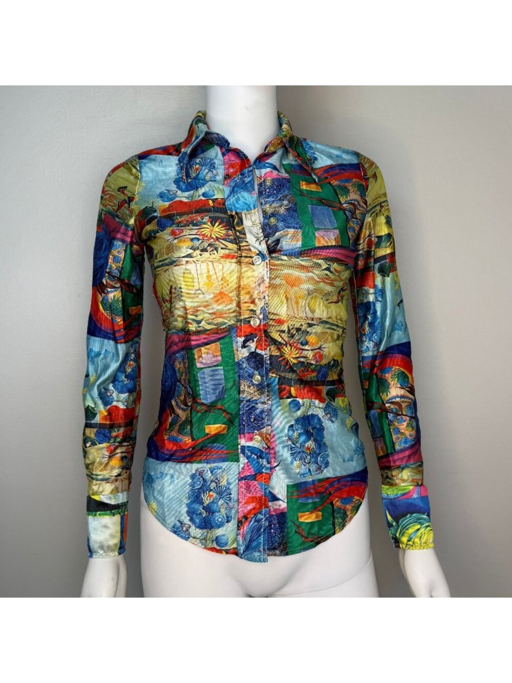 Vintage 1970s Day Glow Psychedelic Surrealist Art Long Sleeve Blouse, LA Station